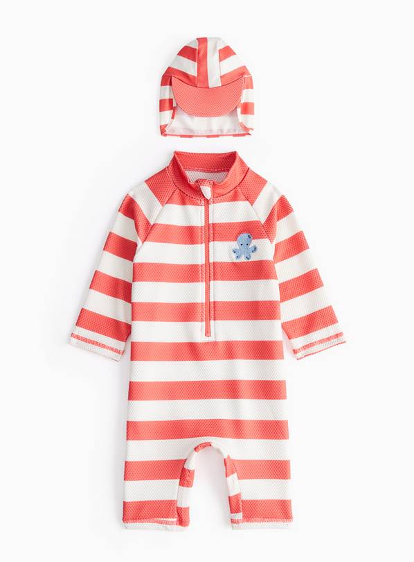 Red Striped Textured Sunsafe Swimsuit & Keppi Hat  18-24 months