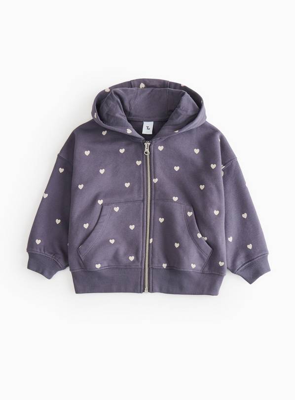 Black With Heart Print Zip Through Hoodie 5-6 years