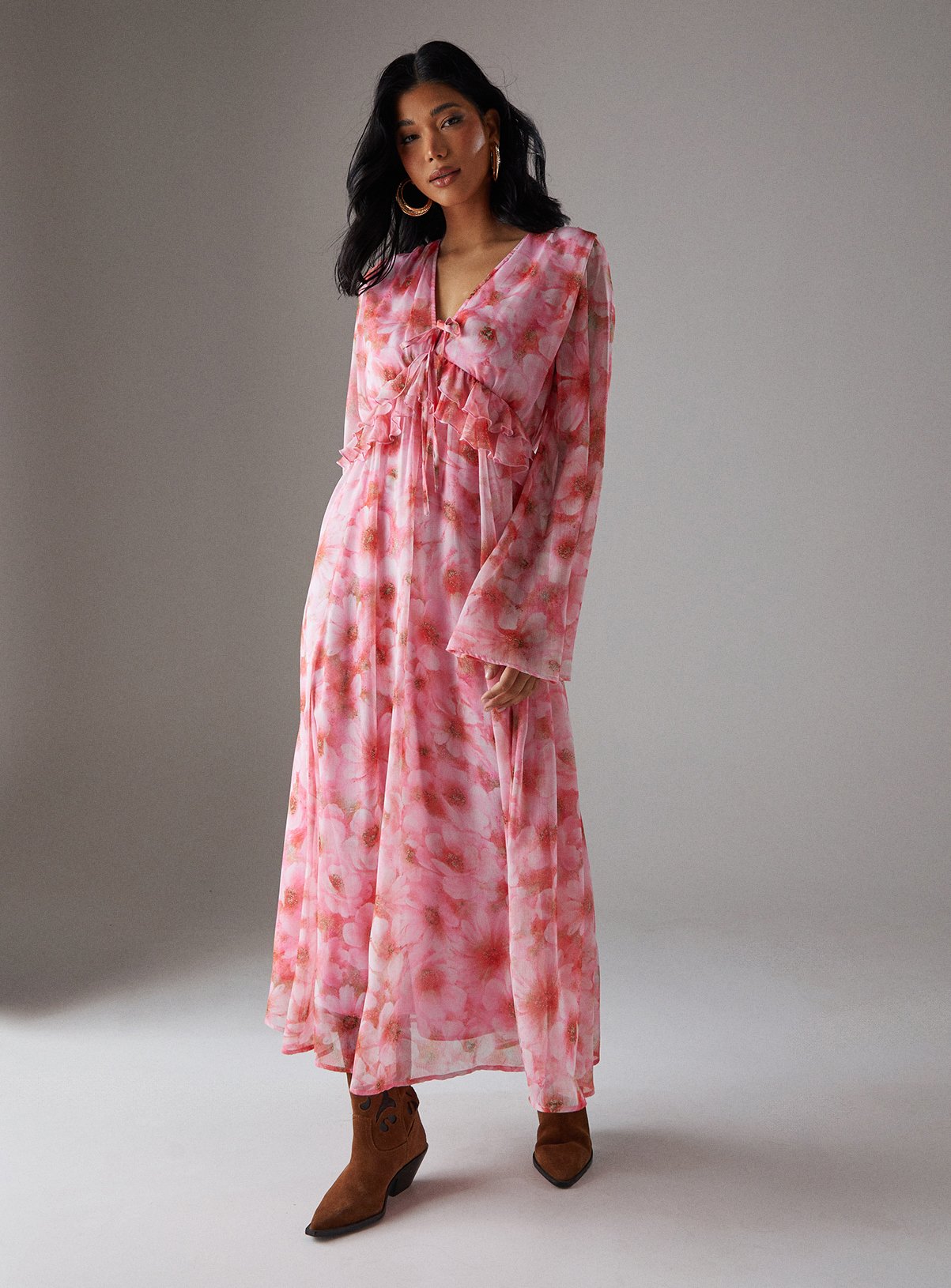 WAREHOUSE Ruffled Plunge Neck Midi Dress 12 - Image 1 thumbnail