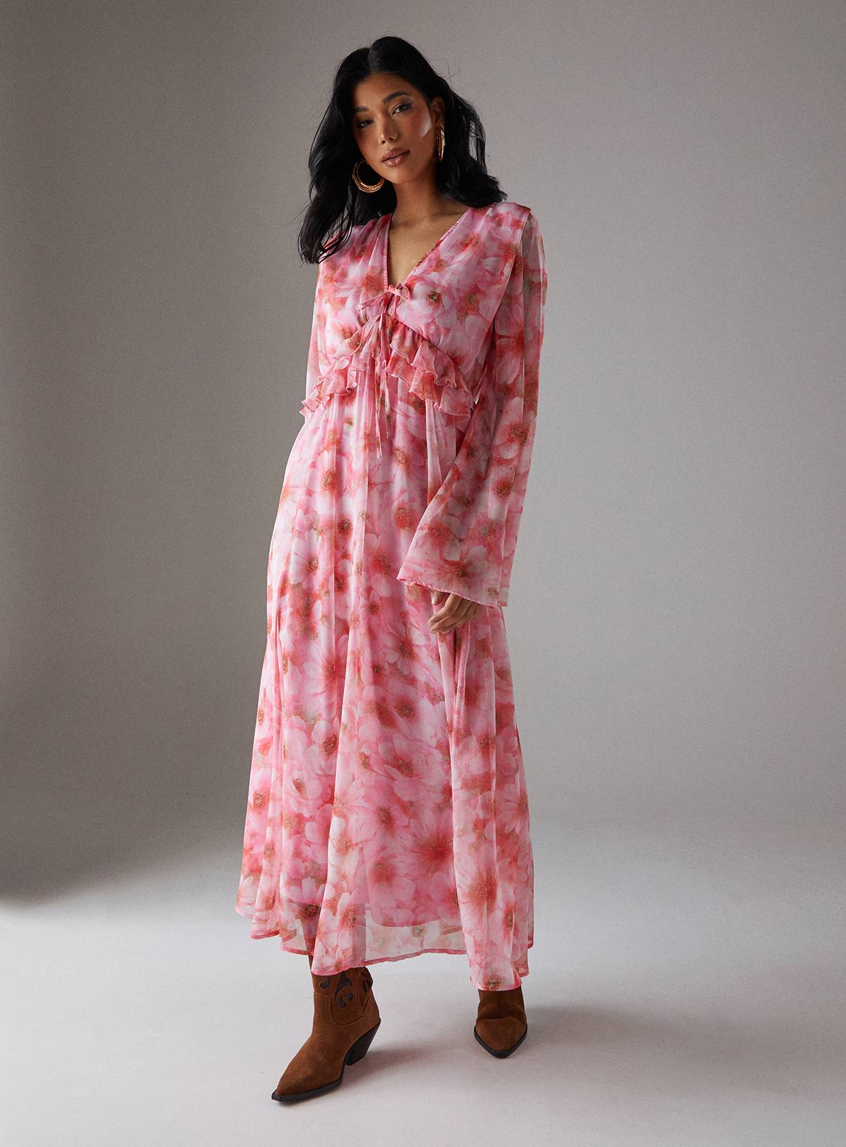 WAREHOUSE Ruffled Plunge Neck Midi Dress 12 - Image 1