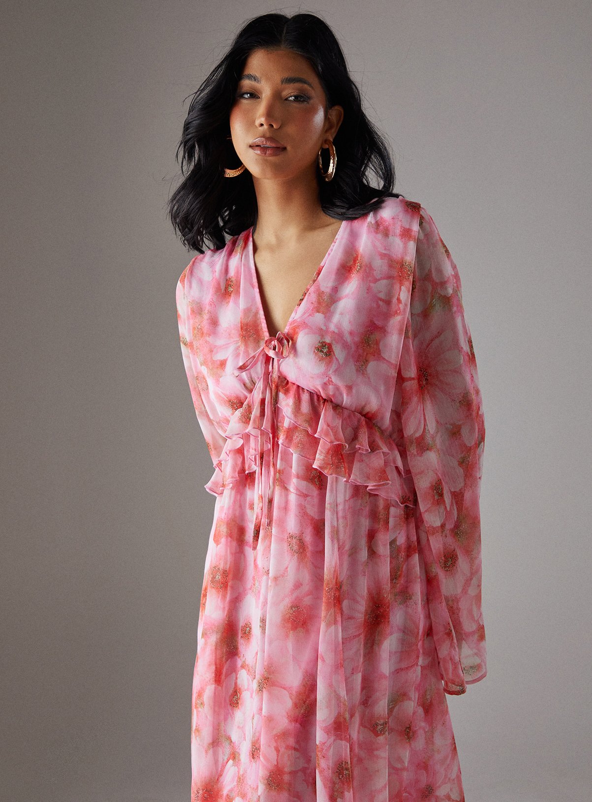 WAREHOUSE Ruffled Plunge Neck Midi Dress 12 - Image 2 thumbnail
