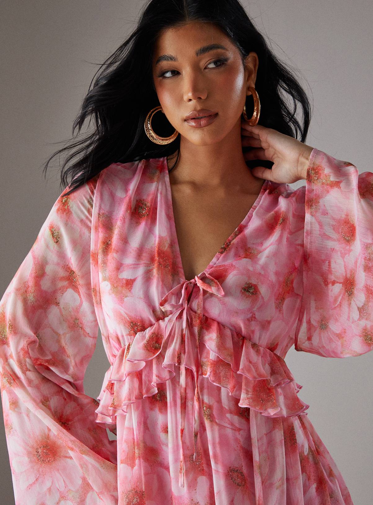 WAREHOUSE Ruffled Plunge Neck Midi Dress 12 - Image 3