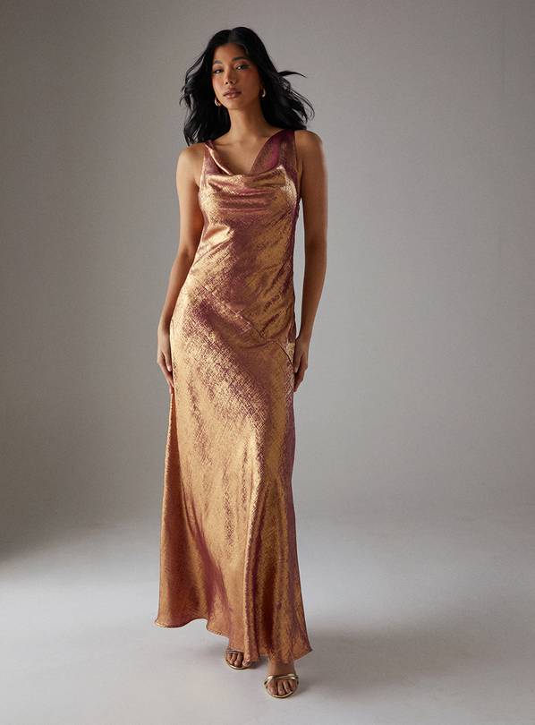 WAREHOUSE Metallic Lame Cowl Neck Maxi Dress 16