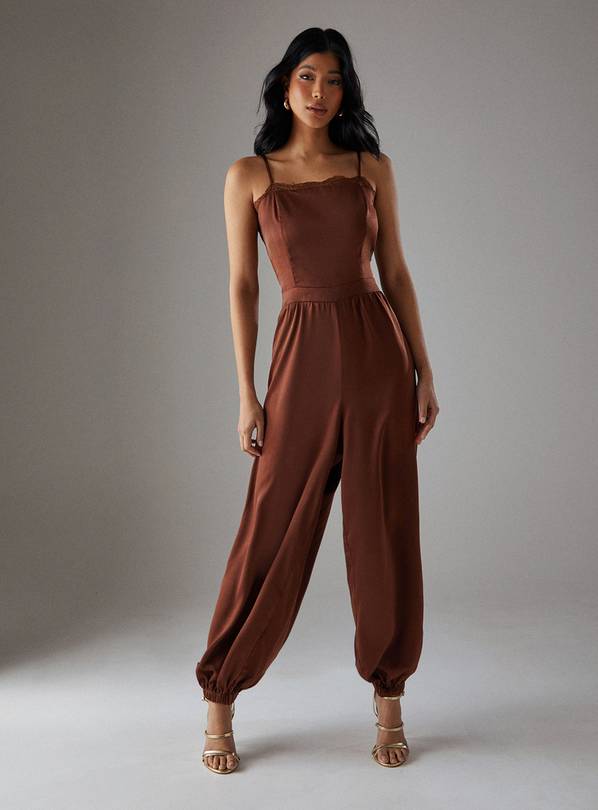 WAREHOUSE Satin Lace Trim Elasticated Cuff Strappy Jumpsuit 10