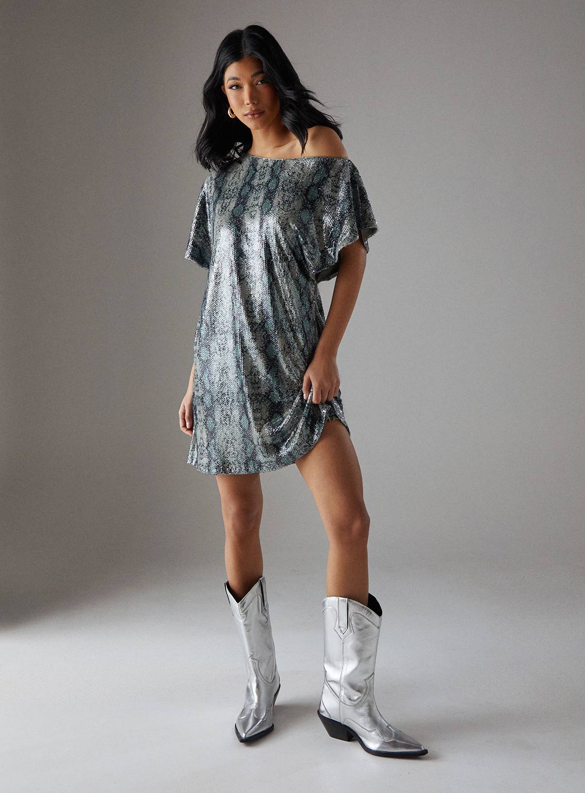 WAREHOUSE Snake Sequin Fallen Shoulder Slouchy Mini Dress 6 - Image 1