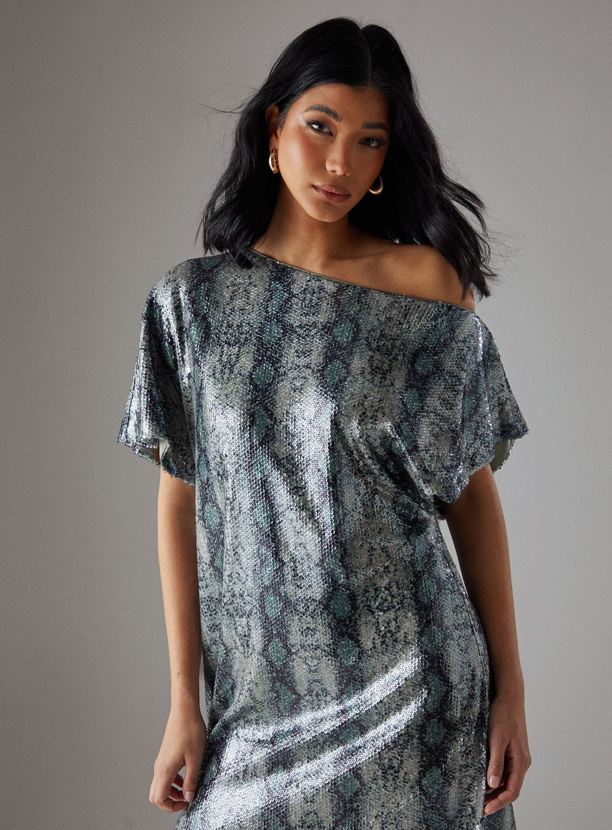 WAREHOUSE Snake Sequin Fallen Shoulder Slouchy Mini Dress 6 - Image 2 thumbnail