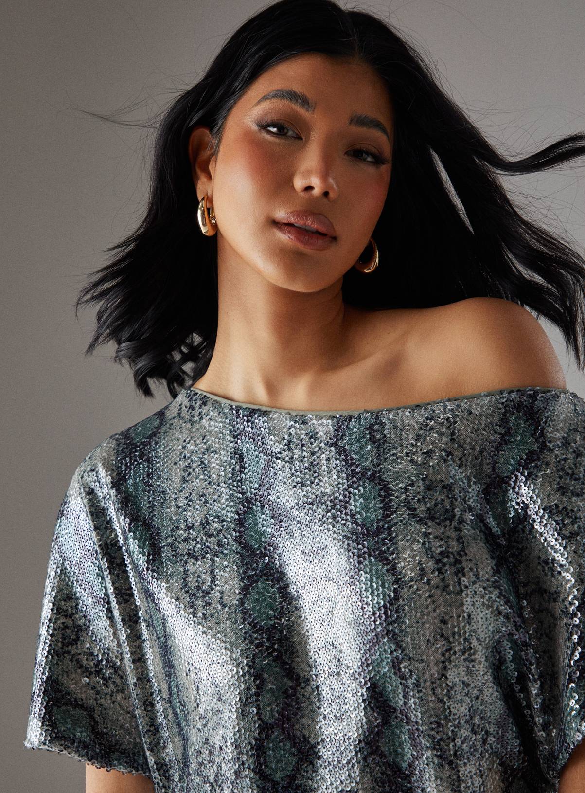 WAREHOUSE Snake Sequin Fallen Shoulder Slouchy Mini Dress 6 - Image 3