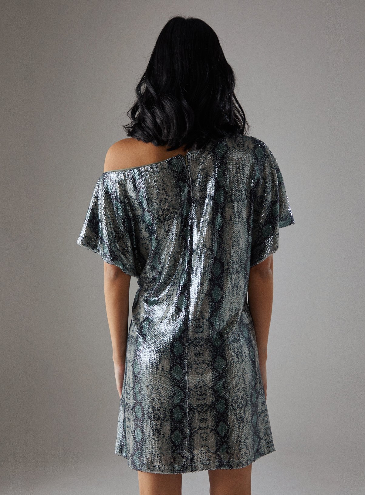 WAREHOUSE Snake Sequin Fallen Shoulder Slouchy Mini Dress 6 - Image 4 thumbnail