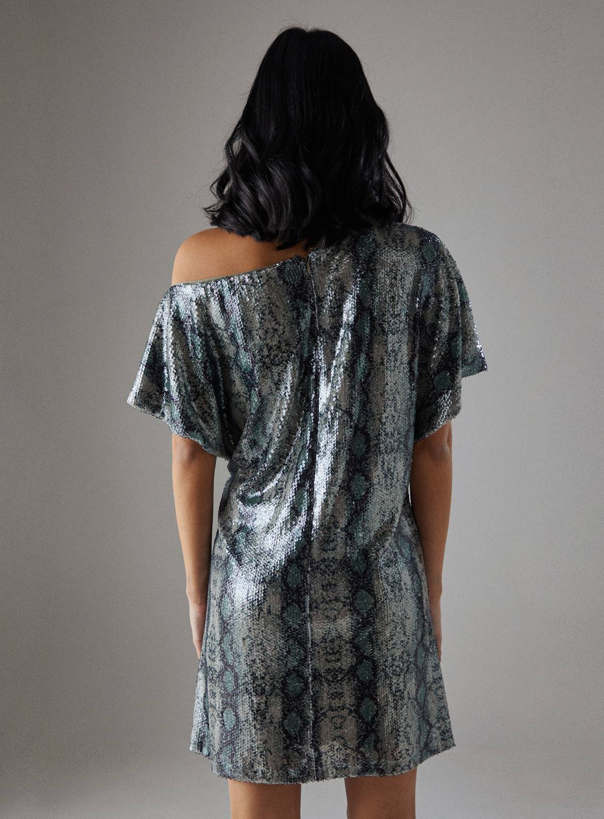 WAREHOUSE Snake Sequin Fallen Shoulder Slouchy Mini Dress 6 - Image 4