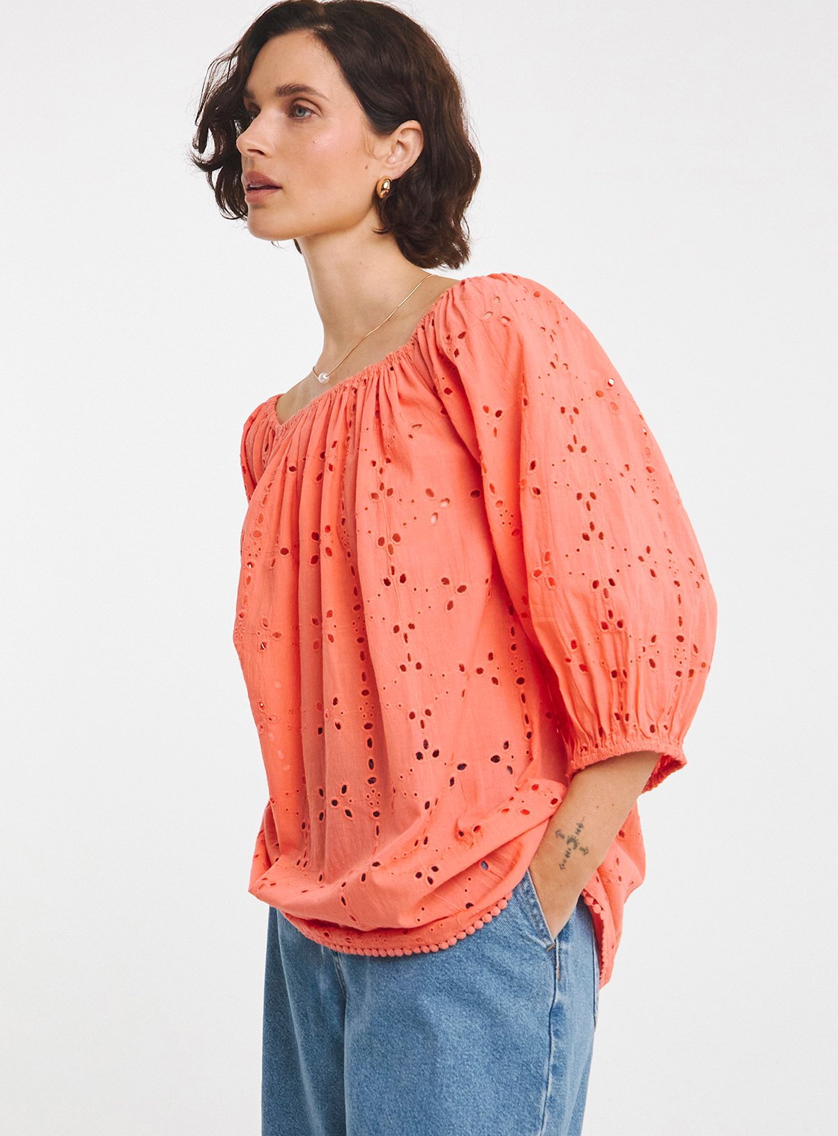 Coral JD WILLIAMS Broderie Elasticated Neckline Top