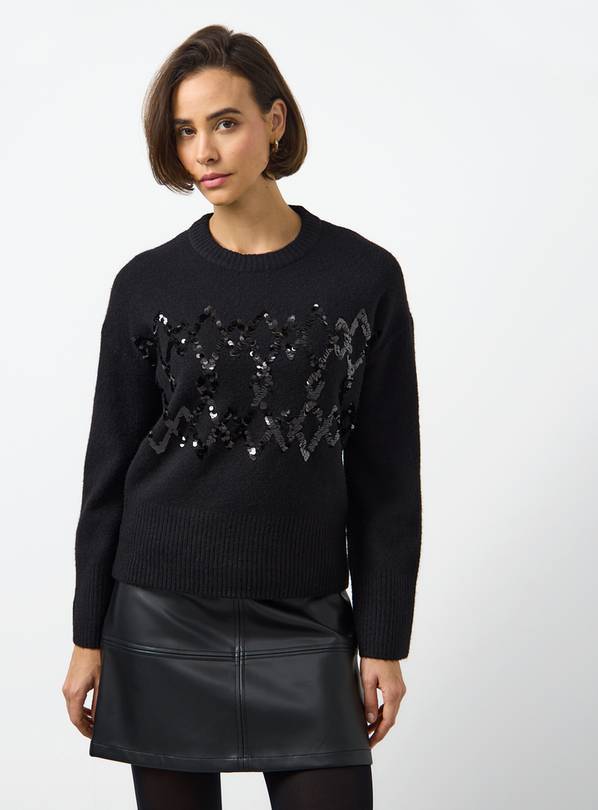 Black Sequin Embellished Argyle Knitted Jumper XS