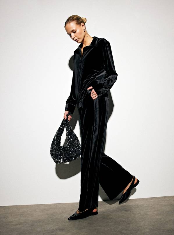 Black Side Panel Velvet Co-ord Wide Leg Trousers  22R