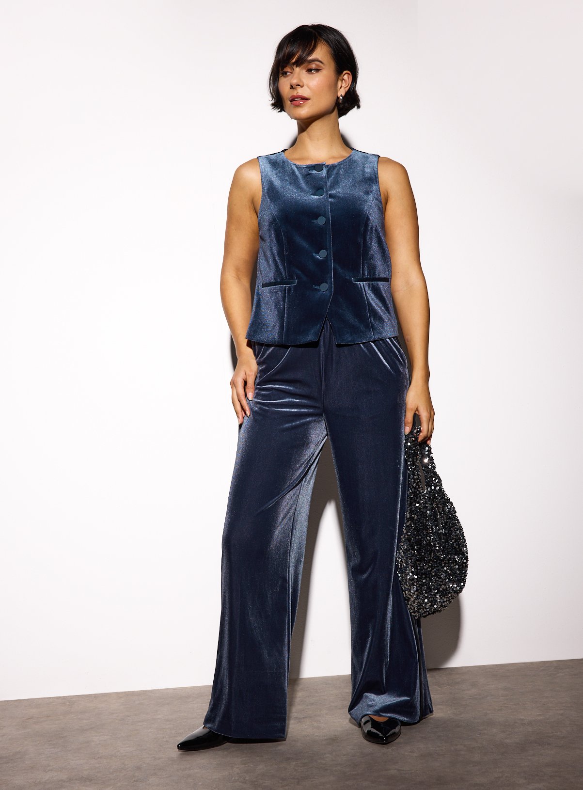 Navy Side Panel Velvet Co-ord Wide Leg Trousers  10L - Image 2 thumbnail