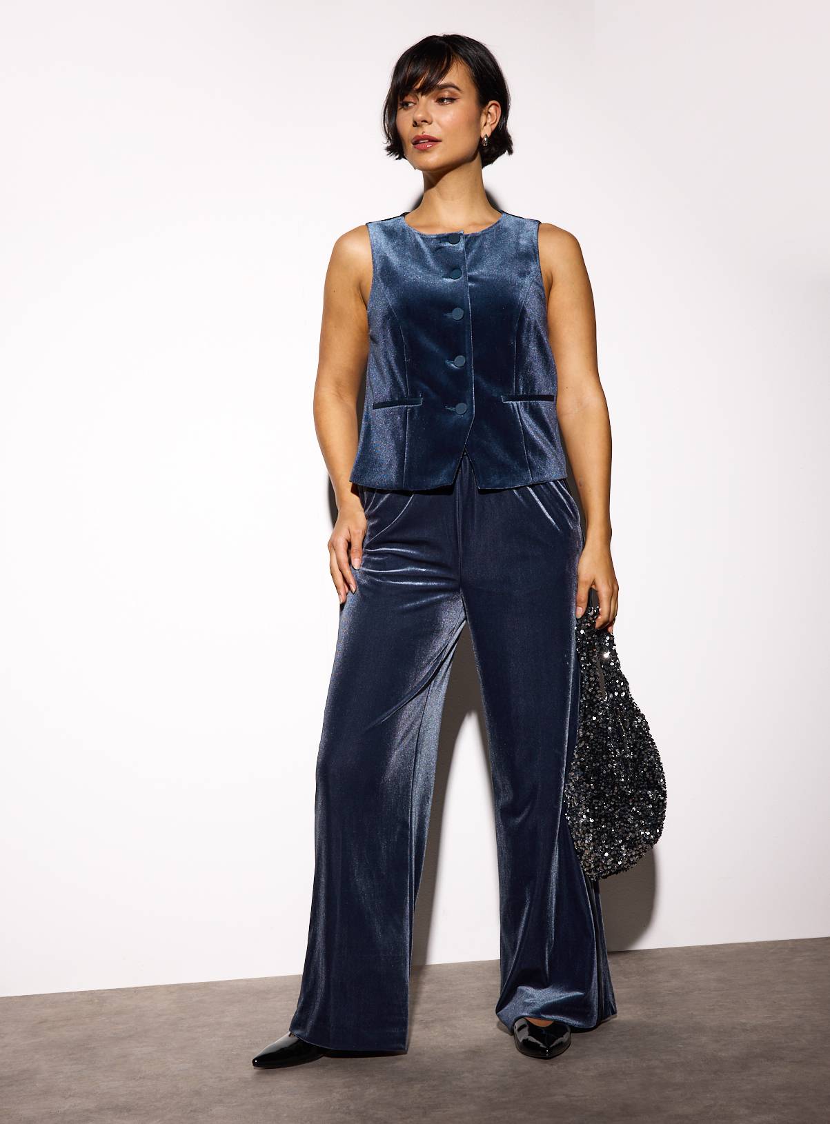 Navy Side Panel Velvet Co-ord Wide Leg Trousers  10L - Image 2