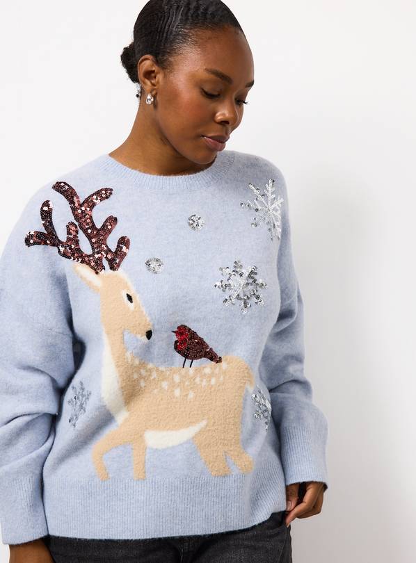 Blue Sequin Reindeer Robin Jumper XS