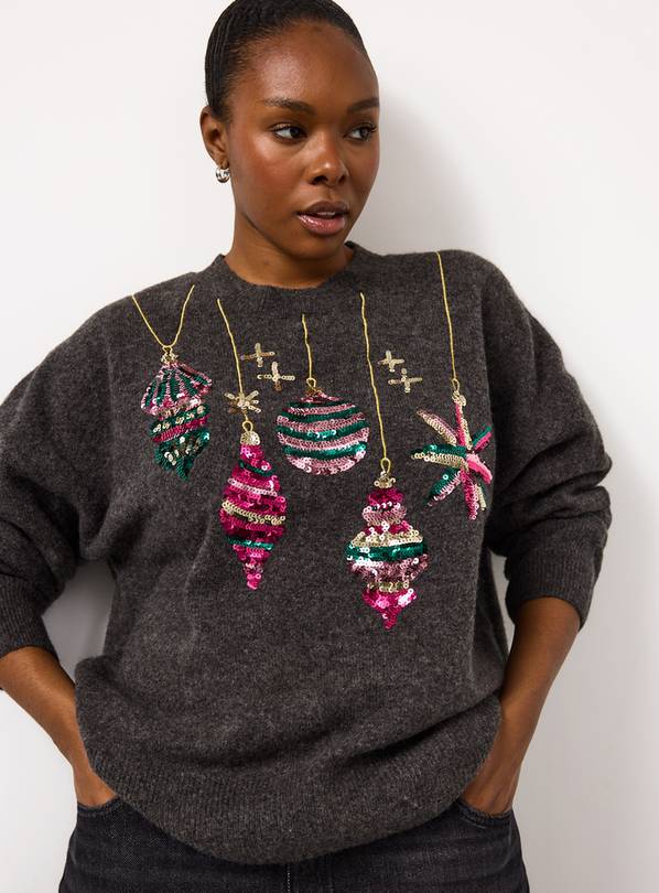 Charcoal Christmas Bauble Sequin Embellished Jumper XS