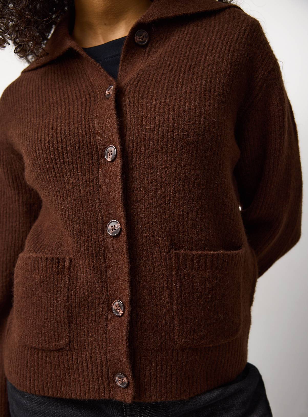 Brown Ribbed Collared Fisherman Cardigan M - Image 1