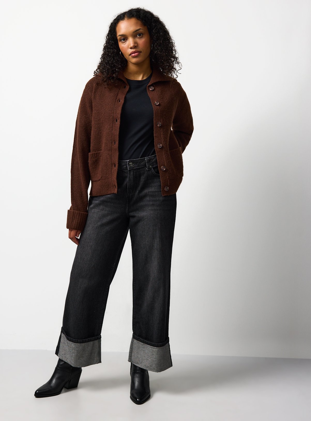 Brown Ribbed Collared Fisherman Cardigan M - Image 2 thumbnail