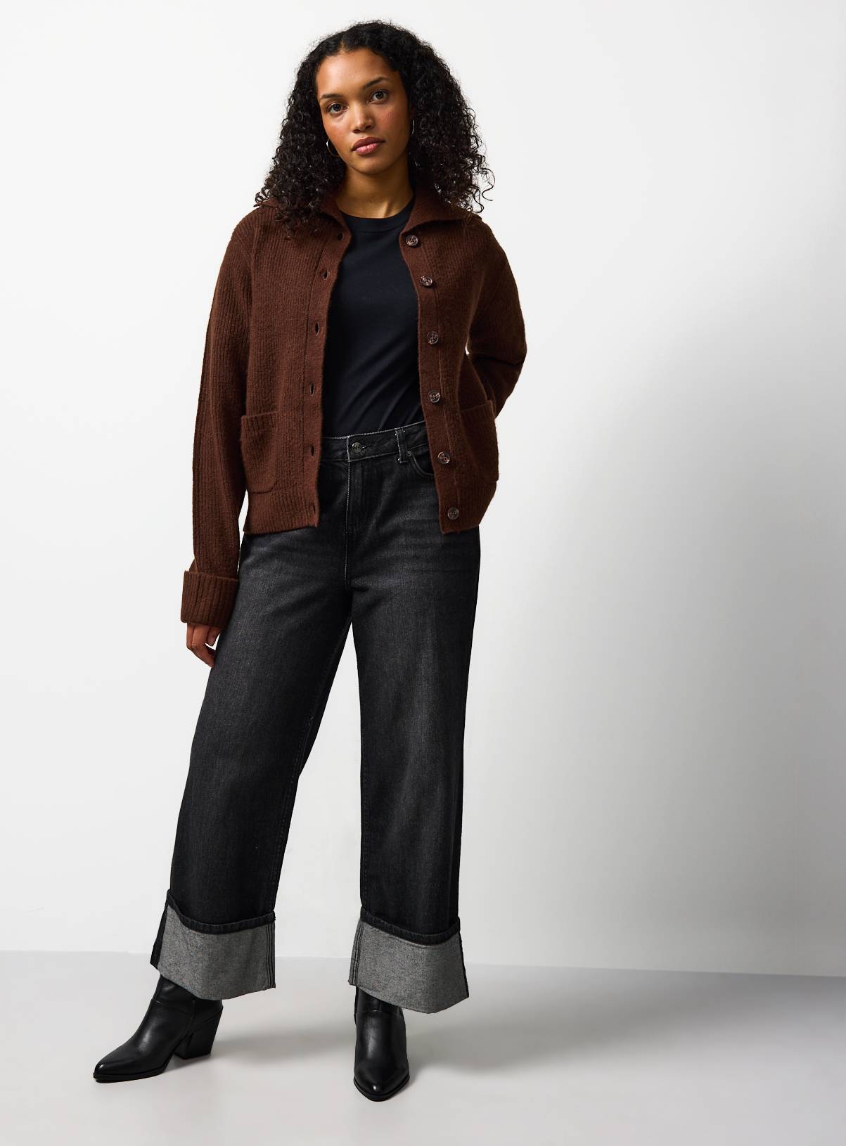 Brown Ribbed Collared Fisherman Cardigan M - Image 2