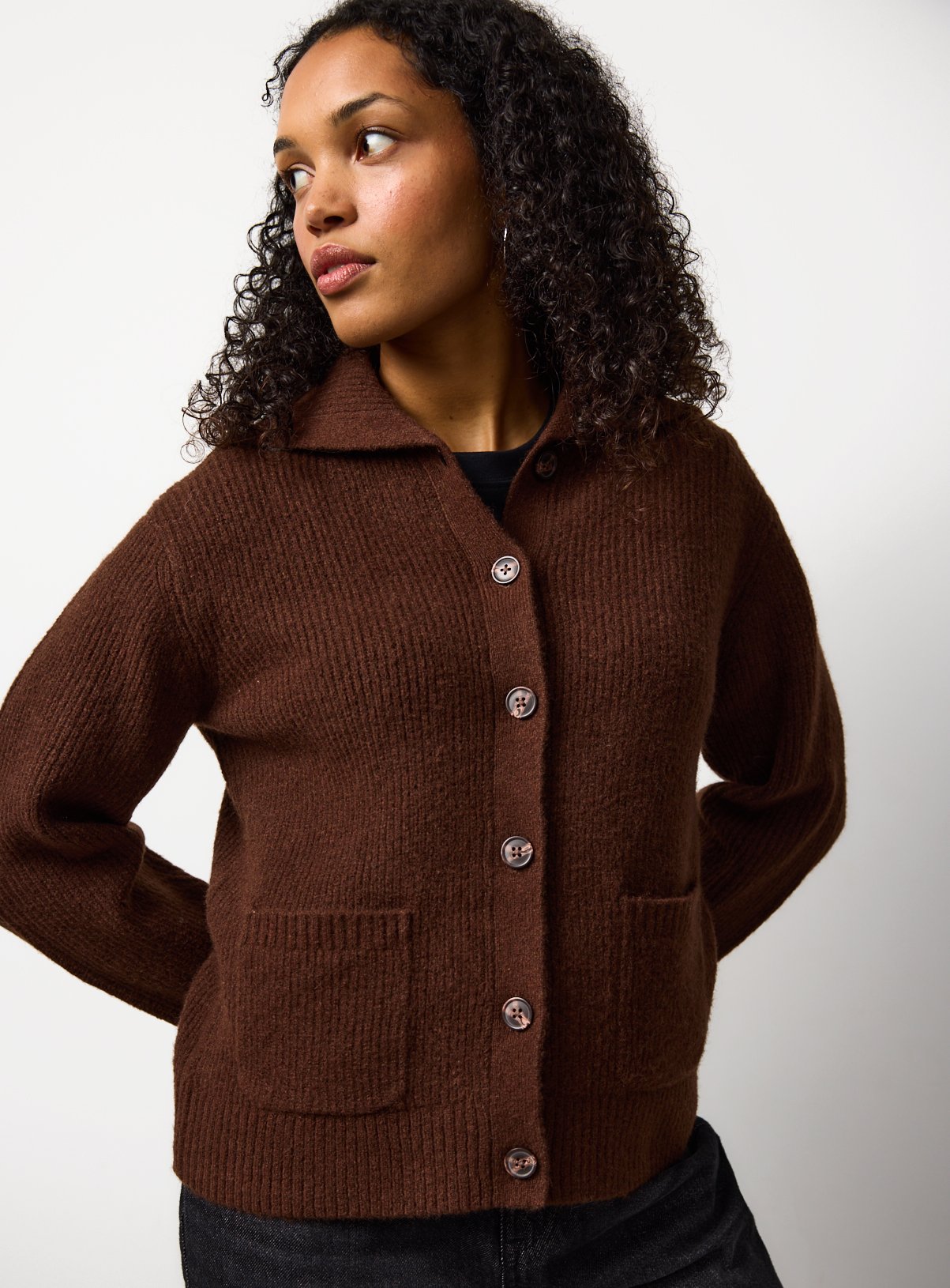 Brown Ribbed Collared Fisherman Cardigan M - Image 3 thumbnail