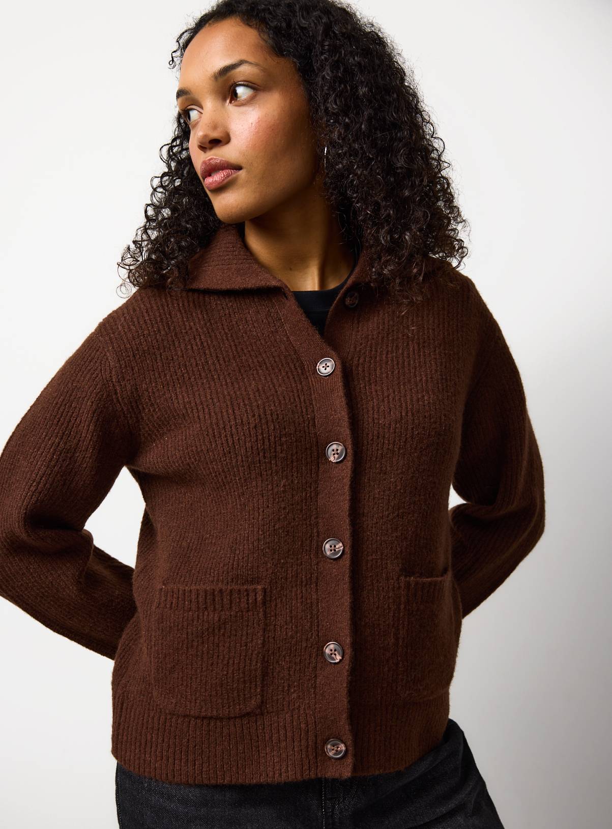 Brown Ribbed Collared Fisherman Cardigan M - Image 3