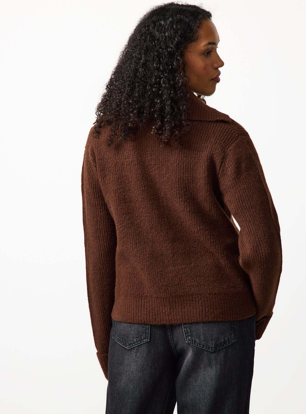 Brown Ribbed Collared Fisherman Cardigan M - Image 4 thumbnail