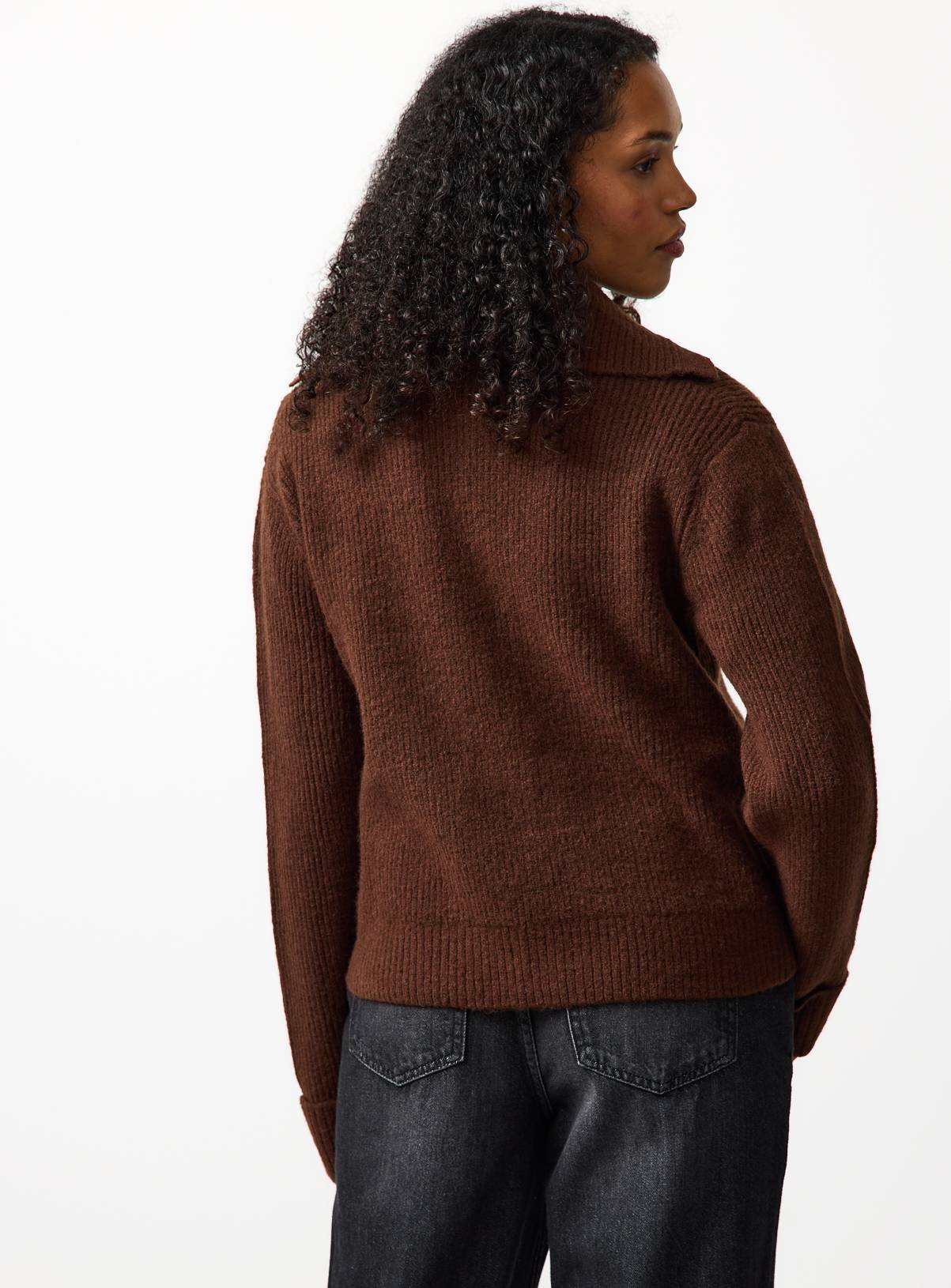 Brown Ribbed Collared Fisherman Cardigan M - Image 4