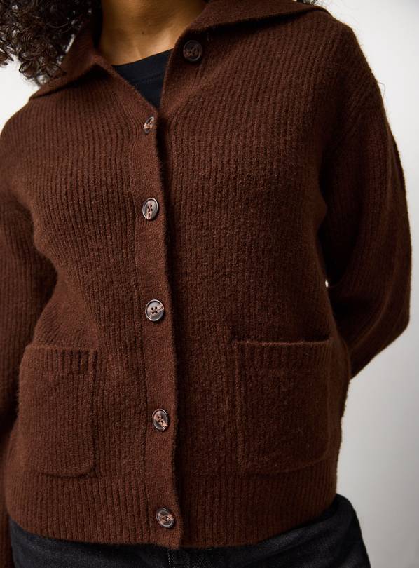 Brown Ribbed Collared Fisherman Cardigan XL
