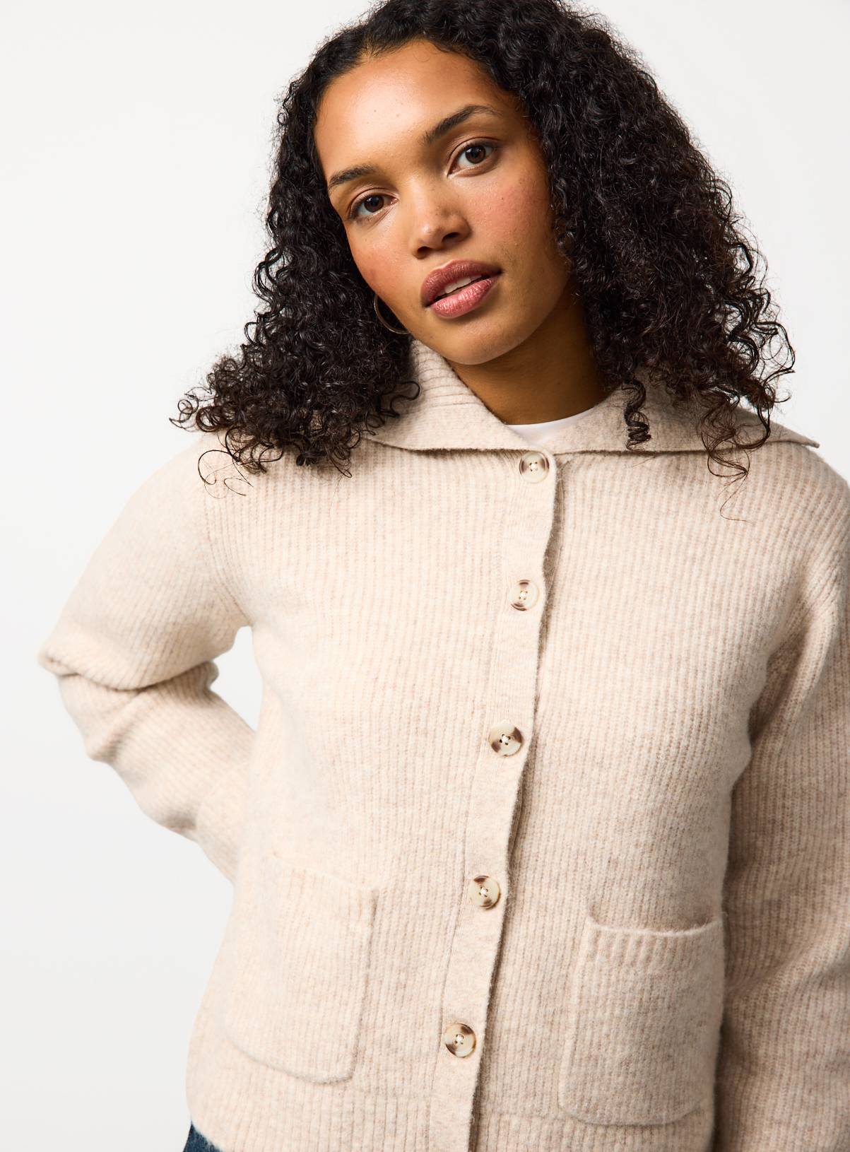 Oatmeal Ribbed Collared Fisherman Cardigan L - Image 1