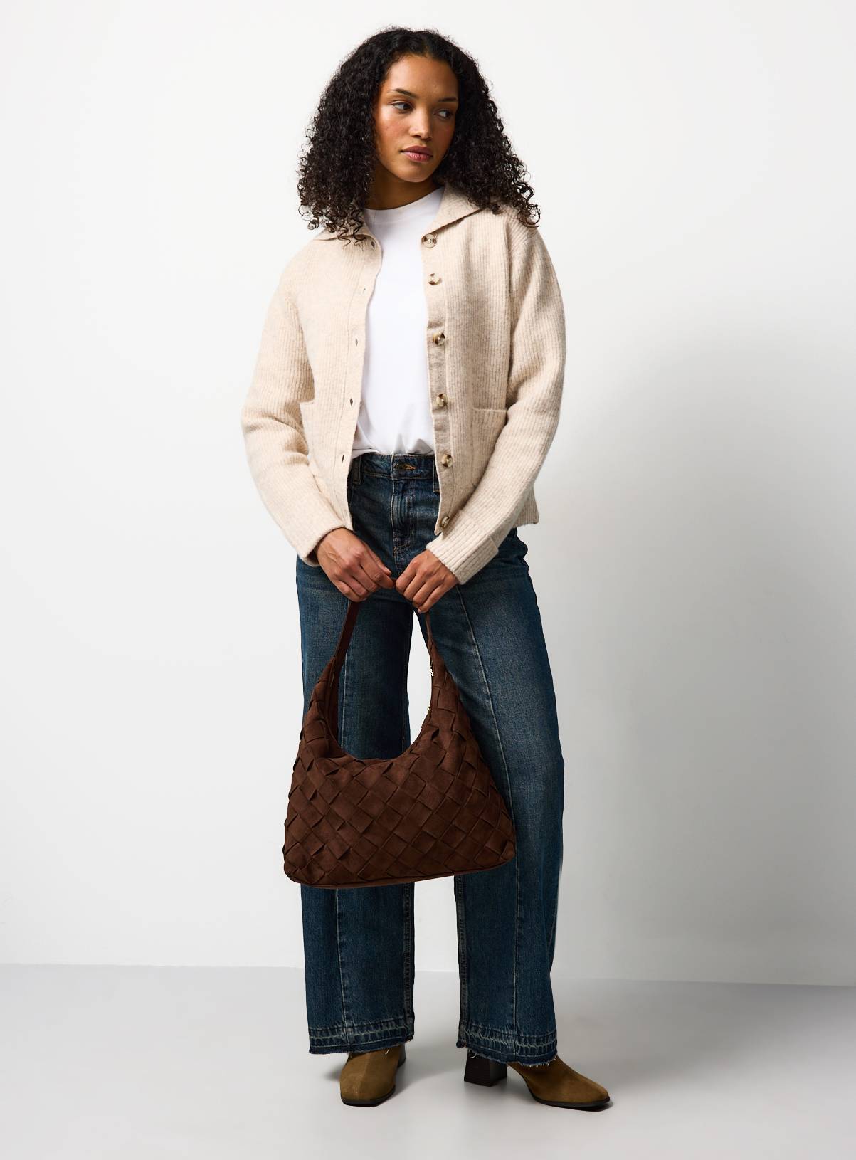 Oatmeal Ribbed Collared Fisherman Cardigan L - Image 2
