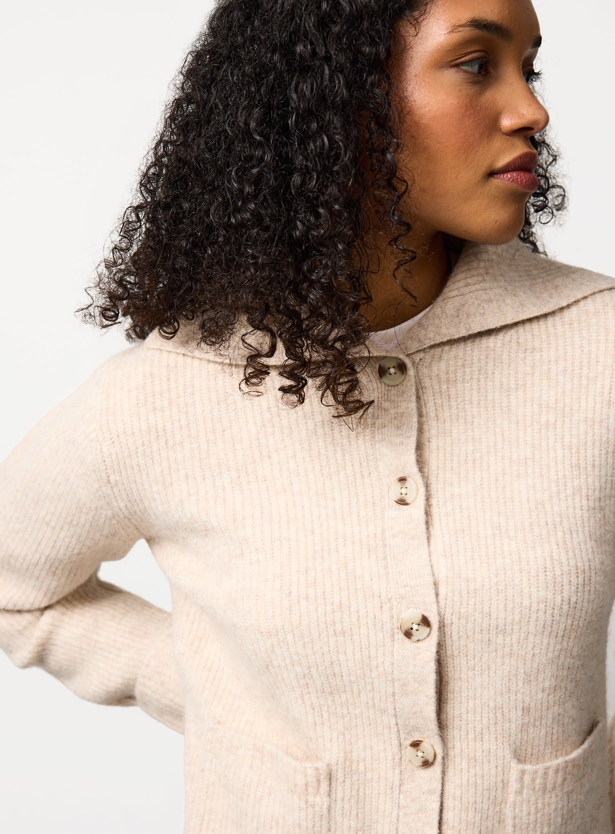 Oatmeal Ribbed Collared Fisherman Cardigan L - Image 3 thumbnail