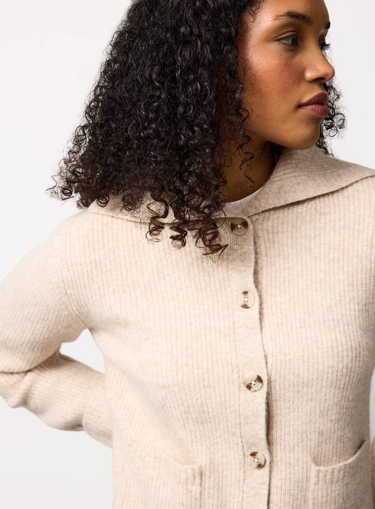 Oatmeal Ribbed Collared Fisherman Cardigan L - Image 3