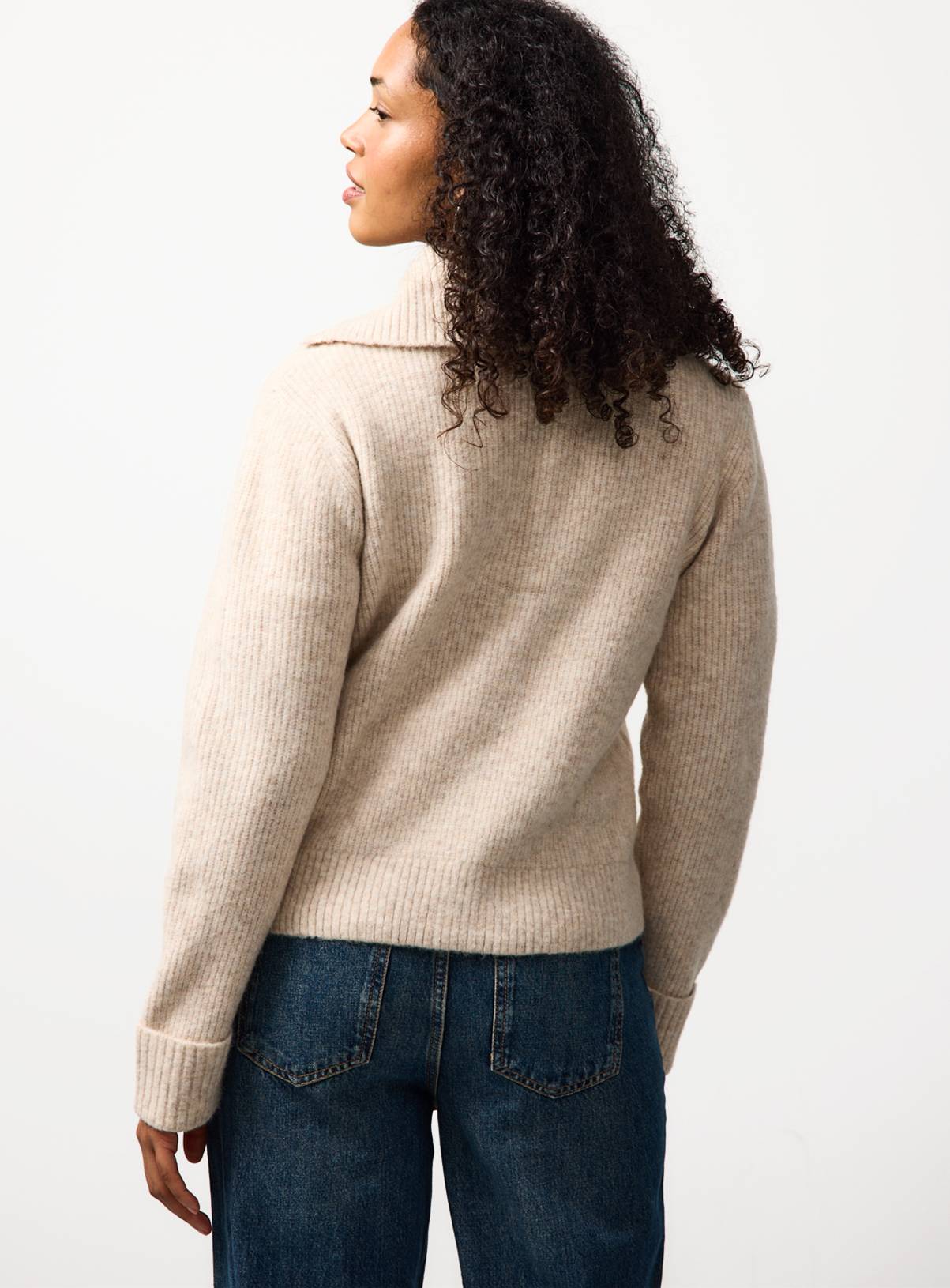 Oatmeal Ribbed Collared Fisherman Cardigan L - Image 4