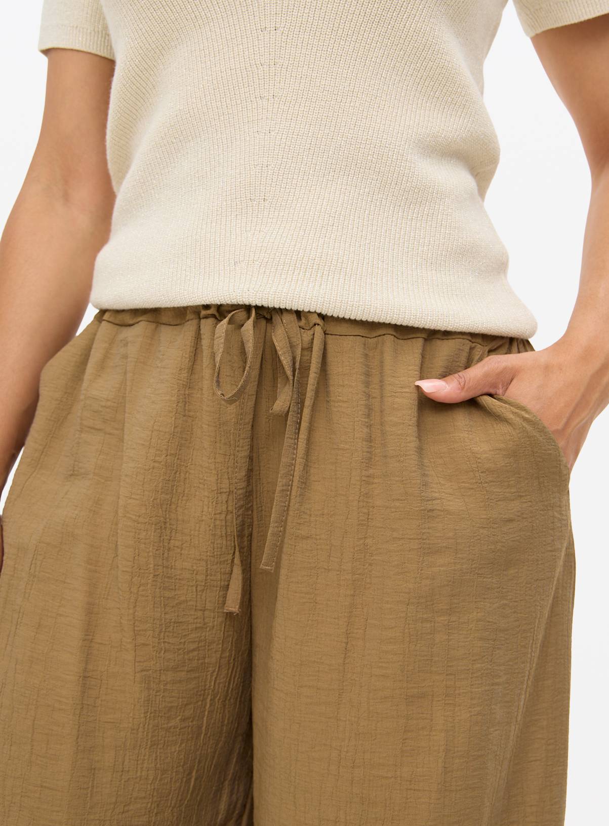 Tan Drawstring Palazzo Trousers  26 - Image 3