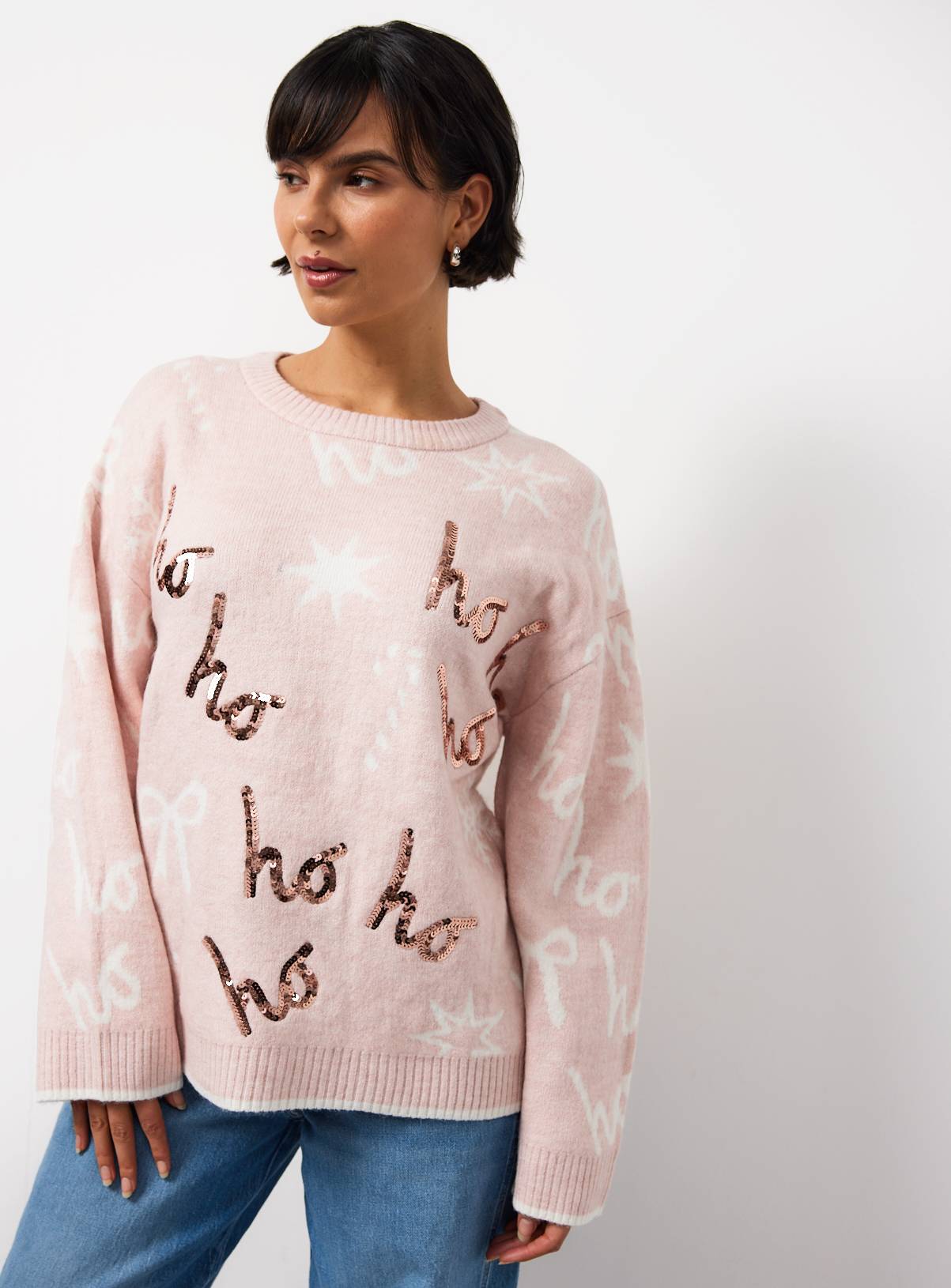 Christmas Pink Ho Ho Ho Sequin Slogan Jumper 16 - Image 1