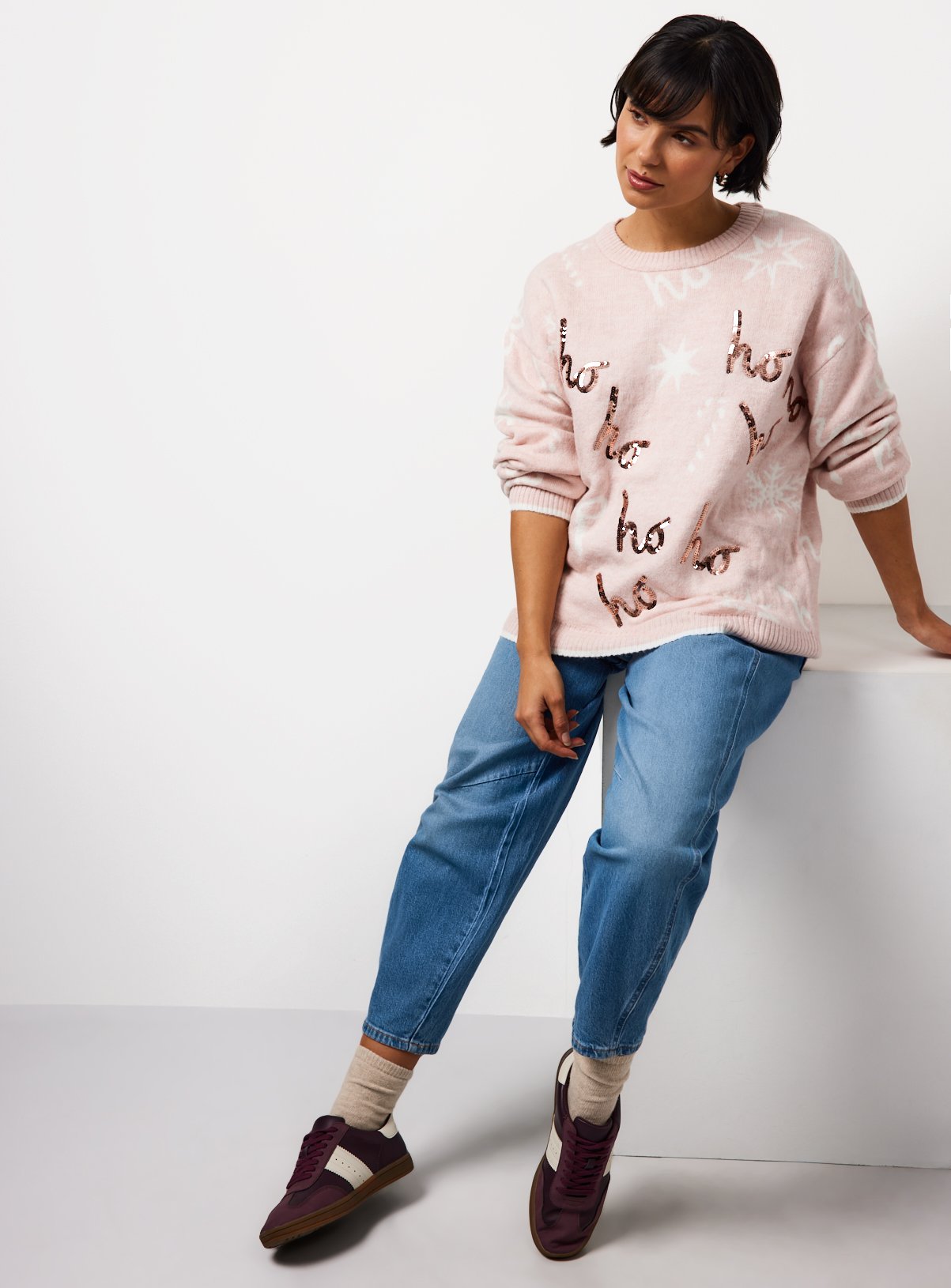 Christmas Pink Ho Ho Ho Sequin Slogan Jumper 16 - Image 2 thumbnail
