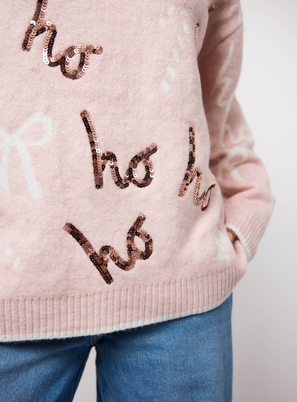 Christmas Pink Ho Ho Ho Sequin Slogan Jumper 16 - Image 3