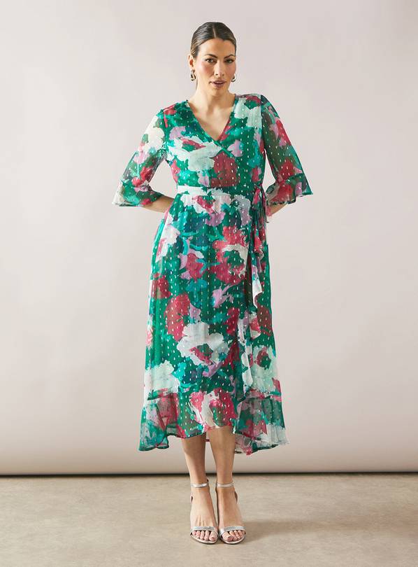 WALLIS Floral Glitter Spot Ruffle Midi Dress 8