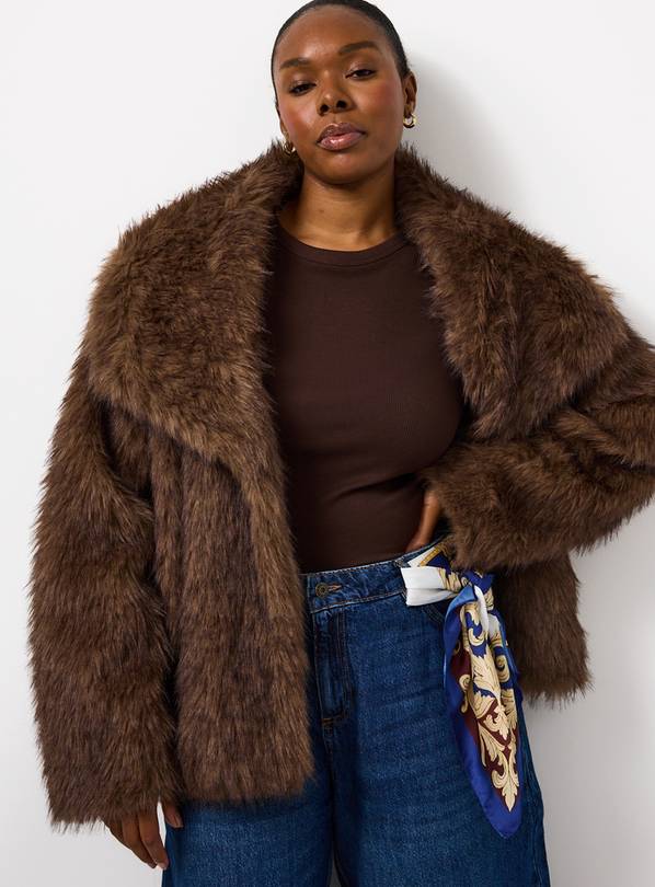 Brown Collared Relaxed Short Faux Fur Jacket L