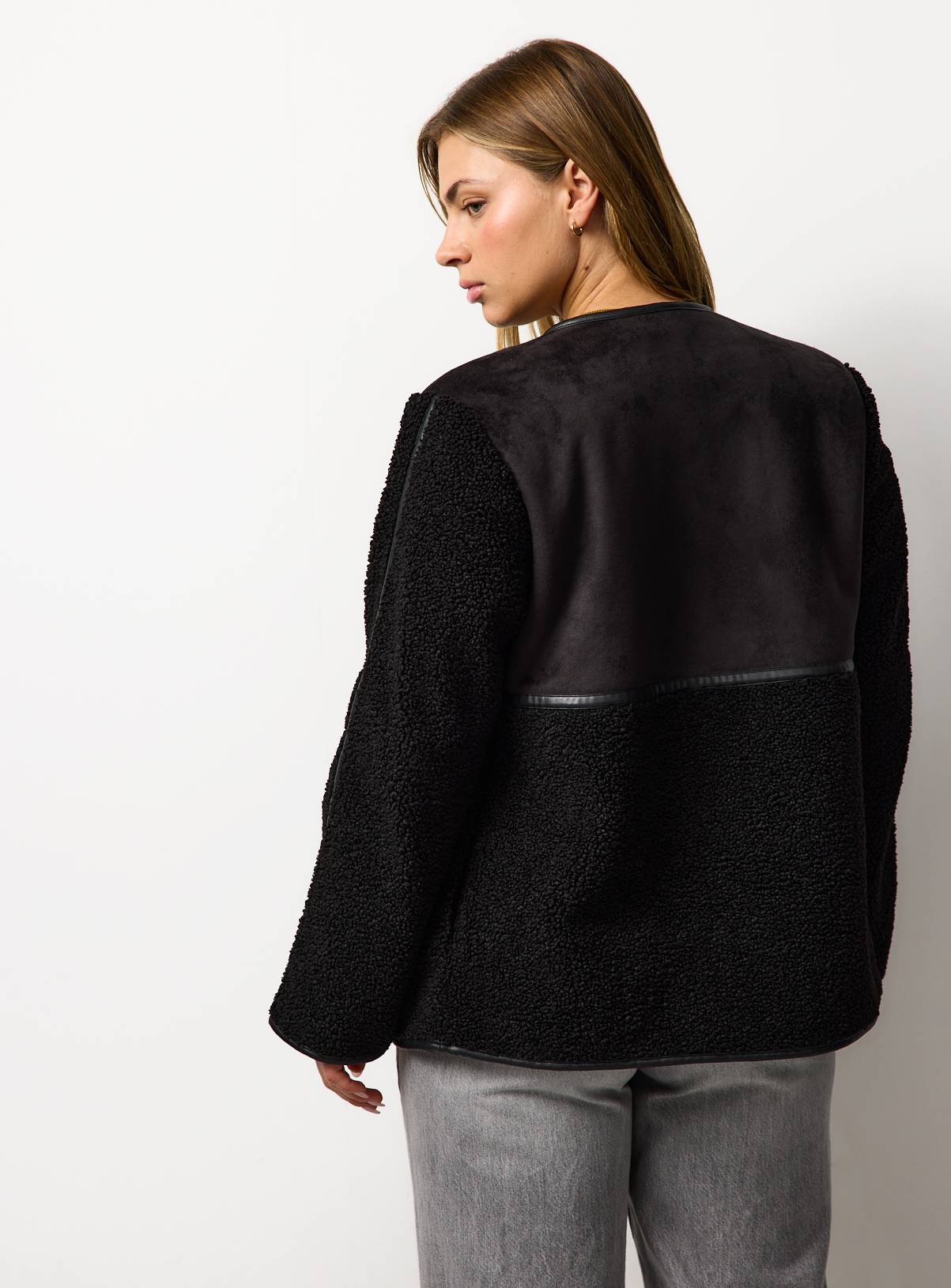 Black Zip Through Faux Shearling Jacket XL - Image 4