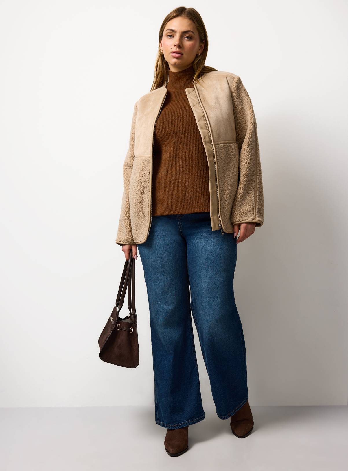 Cream Zip Through Faux Shearling Jacket S - Image 1