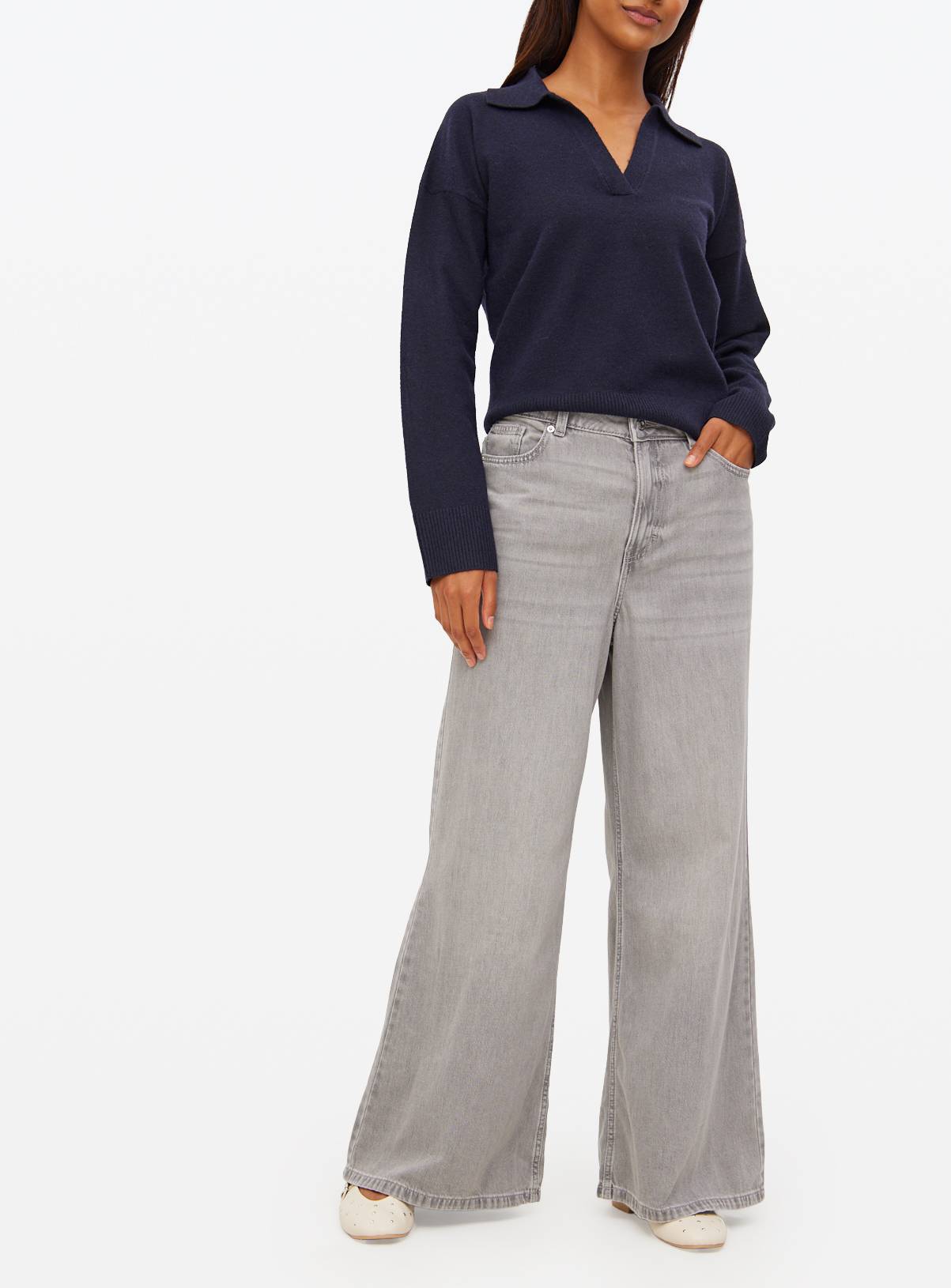 Grey Denim Lyocell Blend Flared Palazzo Jeans  24R - Image 3