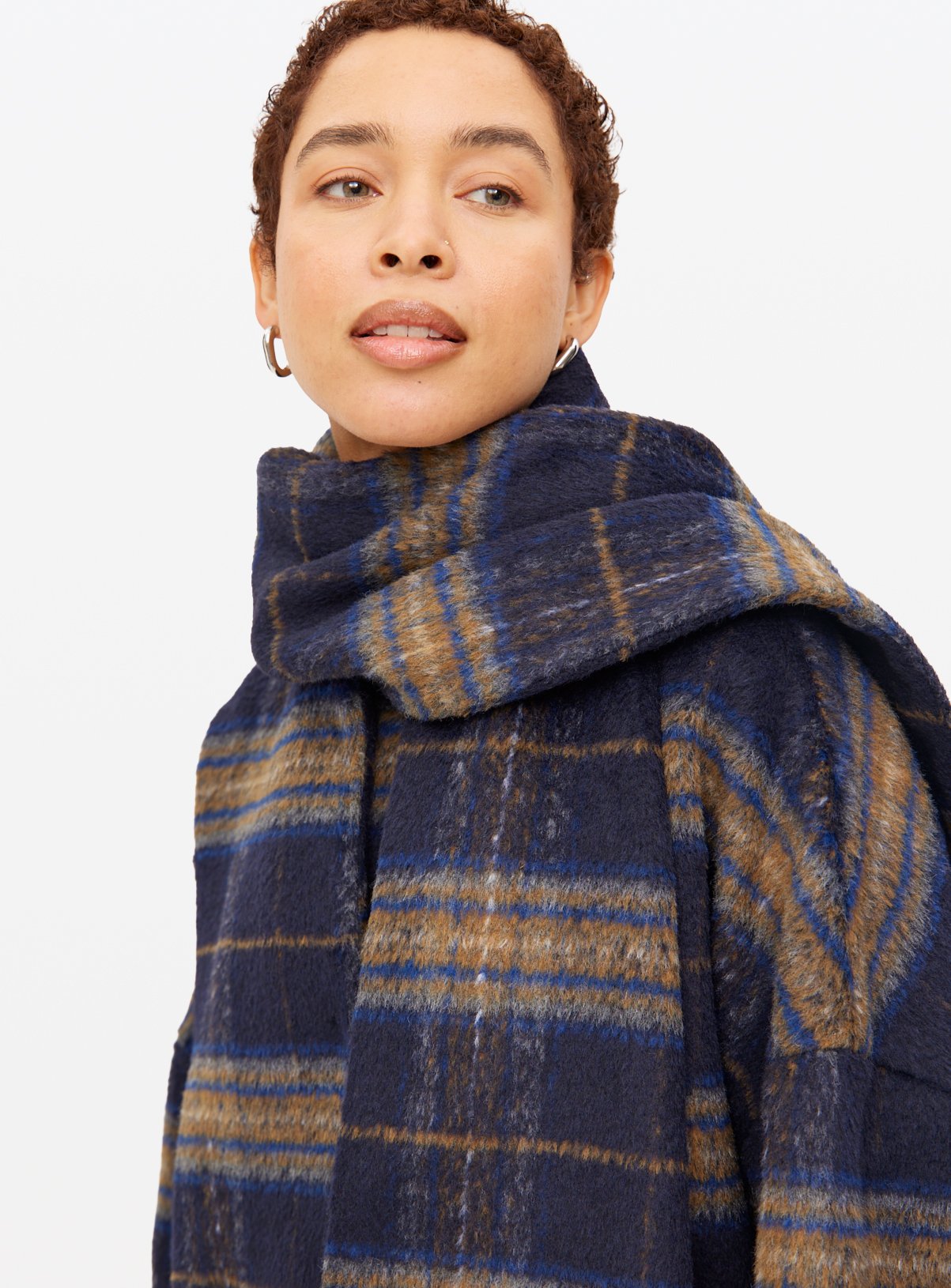 Navy Check Short Scarf Coat