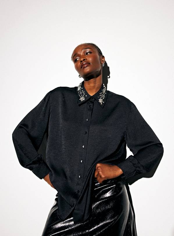 Black Embellished Collar Relaxed Satin Shirt 22