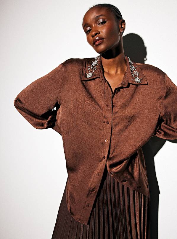 Brown Embellished Collar Relaxed Satin Shirt 22