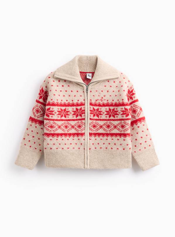Cream Fairisle Red Zip Knitted Cardigan 5 years