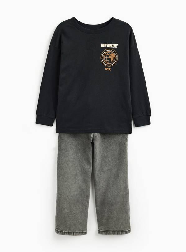 Black Mock Sleeve T-Shirt & Grey Denim Jeans 6 years
