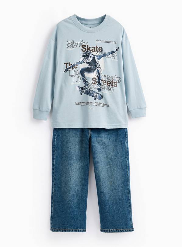 Light Blue Skater Long Sleeve T-Shirt & Blue Denim Jeans 6 years