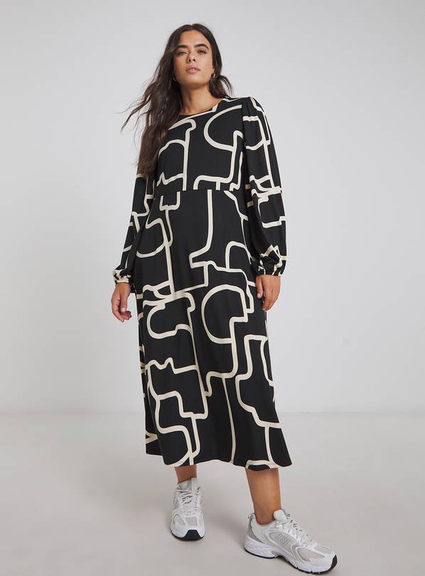 SIMPLY BE Supersoft Midi Dress With Tie Back Black Print 24