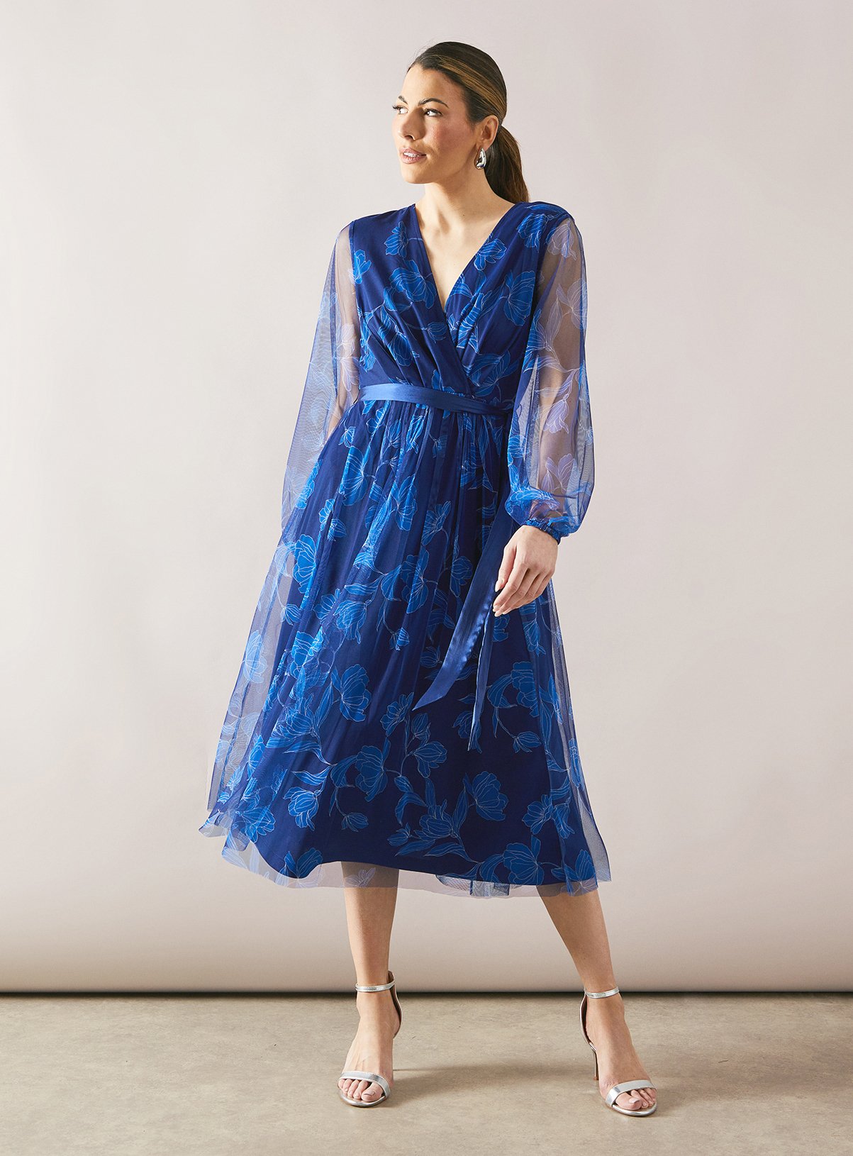 WALLIS Floral Mesh Satin Tie Midi Dress 20